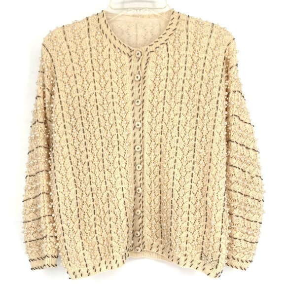 Vtg Doreen Hand Knit Cardigan Sweater Ivory Seed Bead Pearl Lined EU 40/ US 8-10 - Picture 13 of 13